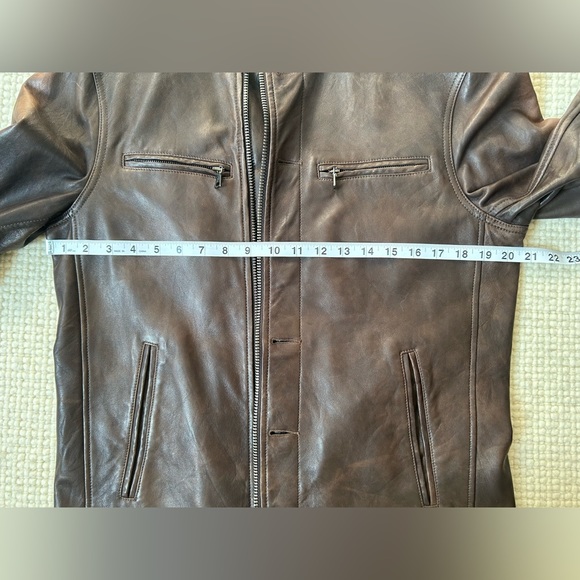 John Varvatos Leather Jacket Mens 48 Brown Leather Bomber Buttons double zip - Picture 15 of 16